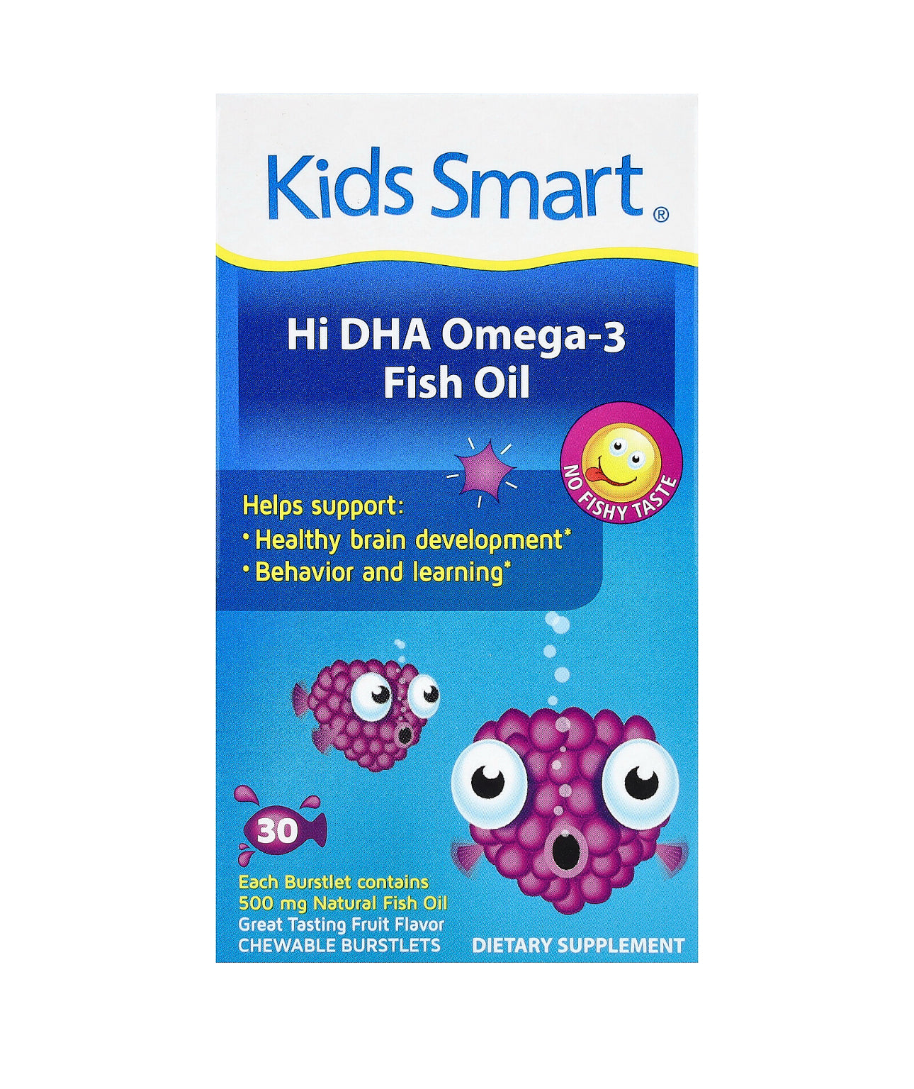 Real Health Kids Smart Hi DHA Omega-3 Fish Oil 500mg | 133mg DHA, 38mg EPA | For Proper Brain & Eye Development in Children | Fruit Flavor, 30 Chewable Burstlets; Exp 03/2028