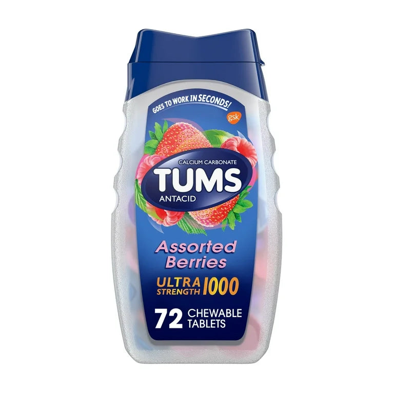 TUMS Ultra Strength Heartburn Relief Chewable Antacid Tablets | 1000mg Calcium Carbonate | Assorted Berries Flavor | 72 Chewable; Tablets Exp 02/2030