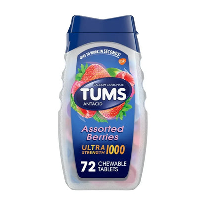 TUMS Ultra Strength Heartburn Relief Chewable Antacid Tablets | 1000mg Calcium Carbonate | Assorted Berries Flavor | 72 Chewable; Tablets Exp 02/2030