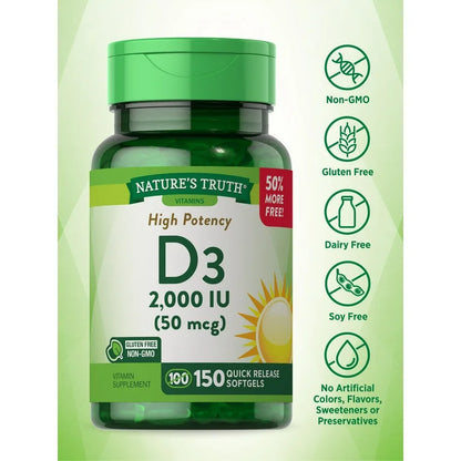 Nature's Truth Vitamin D3 2000iu (50 mcg) | High Potency | Supports Immune System, Hormone Health, Bone & Joint Health | 150 Softgels Exp 05/2027