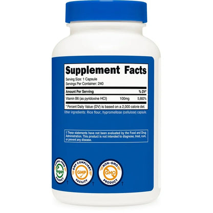 Nutricost Vitamin B6 100mg | Supports Energy Metabolism and Healthy Nervous System Function | 240 Capsules; Exp 09/2028