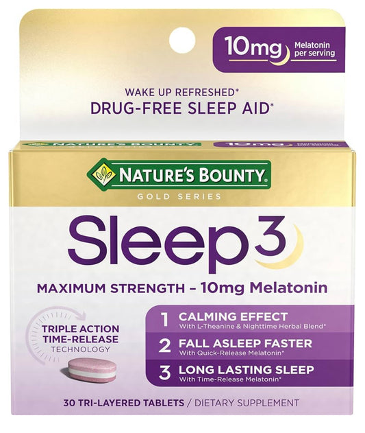 Nature's Bounty Gold Series Sleep3 Maximum Strength Melatonin 10mg | 100% Drug Free Sleep Aid | L-Theanine & Nighttime Herbal Blend; Chamomile, Lemon Balm, Lavender, Valerian Root | Time Release Technology | 30 Tri-Layered Tablets; Exp 10/2025