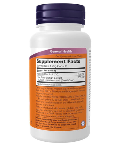 NOW Indole-3-Carbinol 200mg I3C) with Flax Lignan Extract | Detoxification Support | 60 Capsules; Exp 11/2028