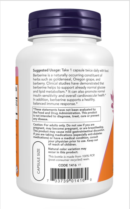 Now Berberine HCL 500mg | Supports Glucose Metabolism | Improves Insulin Sensitivity & Overall Cardiovascular Health | 90 Capsules; Exp 03/2028