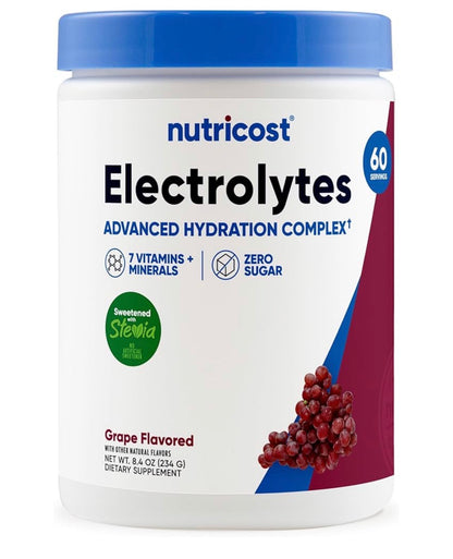 Nutricost Electrolyte Complex Powder | Hydration Drink Mix with Balanced Blend of Electrolytes, Vitamins & minerals | 60 Servings | Grape Flavored~8.4oz/234g; Exp 10/2028