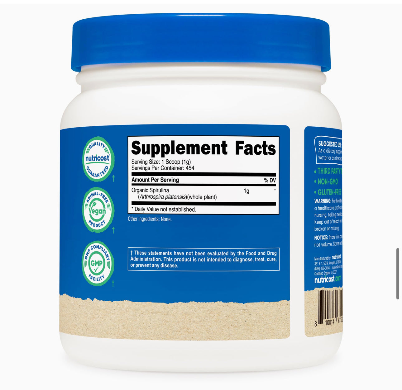 Nutricost Organic Spirulina 1000mg Powder - Pure | 454 Servings- Over 1 year Supply | 454g/1lb; Exp 01/2028