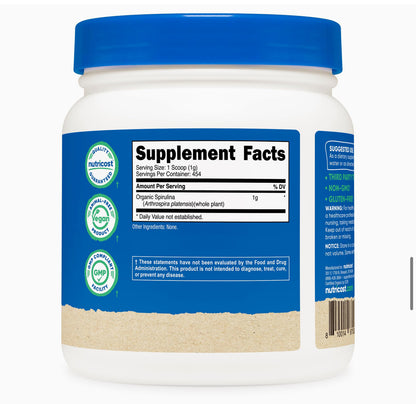 Nutricost Organic Spirulina 1000mg Powder - Pure | 454 Servings- Over 1 year Supply | 454g/1lb; Exp 01/2028