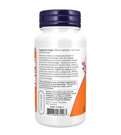 NOW Hyaluronic Acid 50mg with MSM | Joint Support | 60 Capsules; Exp 03/2030