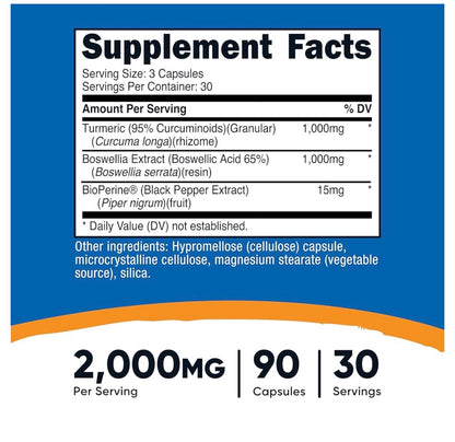 Nutricost Turmeric + Boswellia 2000mg with BioPerine 15mg | 95% Curcuminoids | Supports Joint Health & Mobility | Anti-inflammatory | 90 Capsules; Exp 04/2028