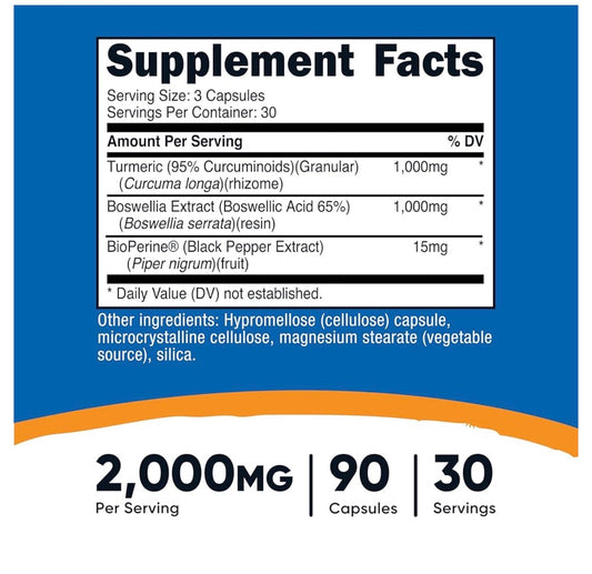 Nutricost Turmeric + Boswellia 2000mg with BioPerine 15mg | 95% Curcuminoids | Supports Joint Health & Mobility | Anti-inflammatory | 90 Capsules; Exp 04/2028