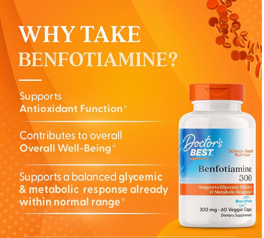 Doctor's Best Benfotiamine 300 with BenfoPure | With L-Leucine | 300mg per Capsule | Helps Maintain Healthy Glucose Metabolism | 60 Capsules; Exp Feb/2027