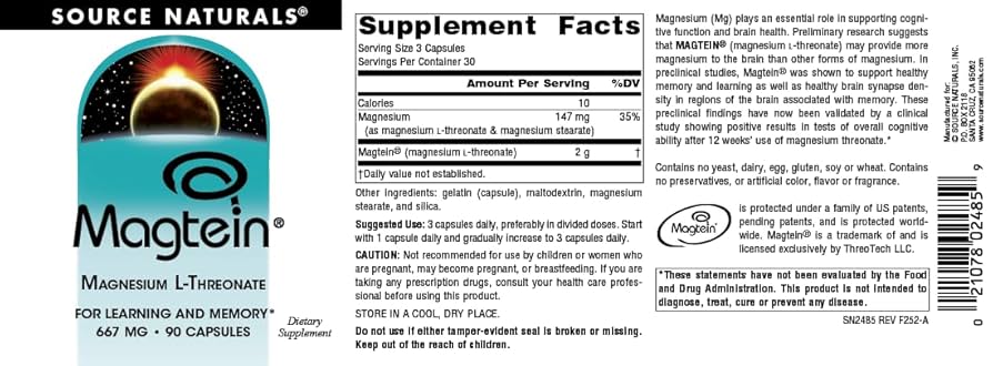 Source Naturals Magtein Magnesium L-Threonate 667mg | Supports Focus, Focus, Mood, Healthy Memory, Cognitive Function - 90 Capsules; Exp