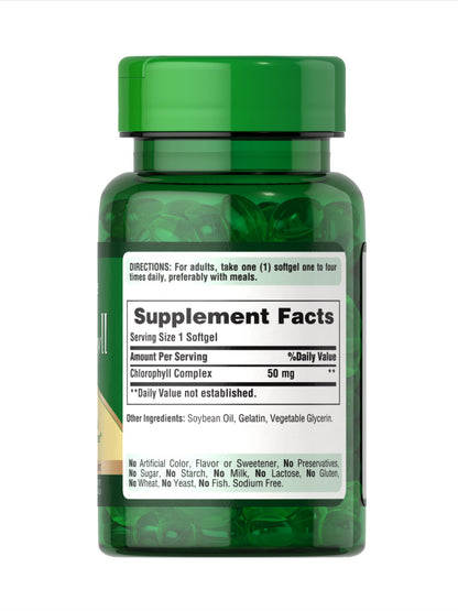 Puritan’s Pride Chlorophyll Concentrate 50 mg | Internal Deodorant | Supports Collagen Synthesis for Healthy Skin | 100 Rapid Release Softgels; Exp 09/2026