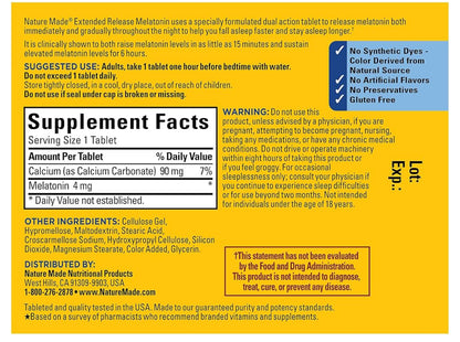 Nature Made Melatonin 4mg Extended Release | 90 Day Supply | 100% Drug Free Sleep Aid | 90 Tablets; Exp 04/2026