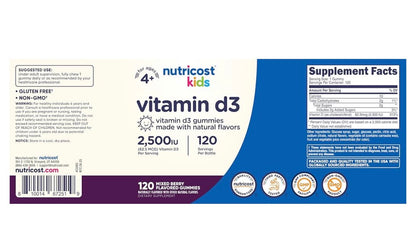Nutricost Kids Vitamin D3 Gummies 2,500 IU (62.5mcg) | For Kids Aged 4 Years & Above | Supports Healthy Bones, Immune System & Nerves | Mixed Berry Flavored ~120 Gummies; Exp 08/2028