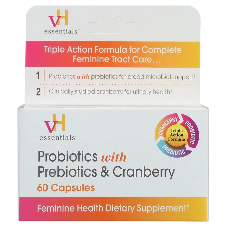 VH Essentials Probiotics With Prebiotics & Cranberry | For pH Balance, Vagina Odor Control, UTI Prevention & Improved Gut Health | 60 Capsules; [No Expiration Date Printed On It] - Old Packaging
