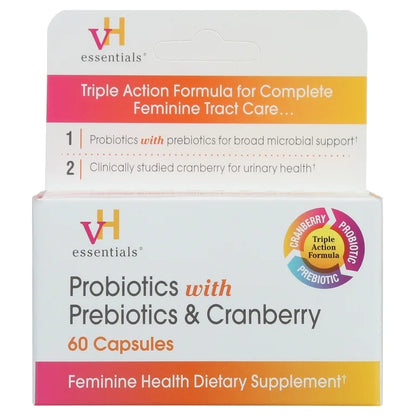 VH Essentials Probiotics With Prebiotics & Cranberry | For pH Balance, Vagina Odor Control, UTI Prevention & Improved Gut Health | 60 Capsules; [No Expiration Date Printed On It] - Old Packaging
