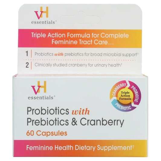 VH Essentials Probiotics With Prebiotics & Cranberry | For pH Balance, Vagina Odor Control, UTI Prevention & Improved Gut Health | 60 Capsules; [No Expiration Date Printed On It] - Old Packaging