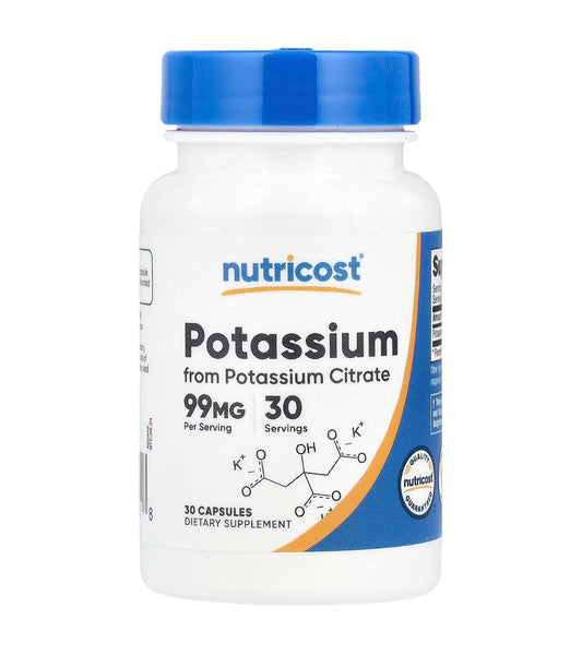 Nutricost Potassium Citrate 99mg | Highly Bioavailable Form of Potassium | Supports Electrolyte Balance, Normal pH and Proper Muscular Contraction | 30 Capsules; Exp 08/2027