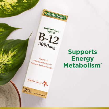 Nature's Bounty Vitamin B 12 5000 Mcg Sublingual Liquid | 59 Doses | Supports Cardiovascular Health & Cellular Energy | 2 fl.oz/59ml, Exp 03/2026