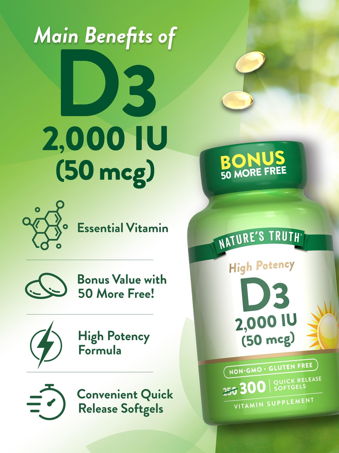 Nature's Truth Vitamin D3 2000iu (50 mcg) | High Potency | Supports Immune System, Hormone Health, Bone & Joint Health | 300 Quick Release Softgels Exp 06/2027