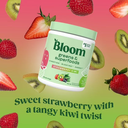 Bloom Nutrition Greens & Superfoods Powder | Relieves Uncomfortable Bloat, Aids Digestion, Improves Gut Health & Boosts Energy | Strawberry Kiwi Flavor | 290.4g; Exp 12/2026