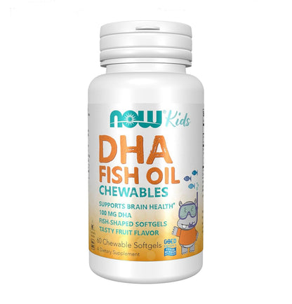 NOW Kid's DHA Fish Oil Chewables | DHA 100mg | Supports Brain Development | For Children Age 4 & up | Tasty Fruit Flavor ~ 60 Chewable Softgels; Exp 10/2027