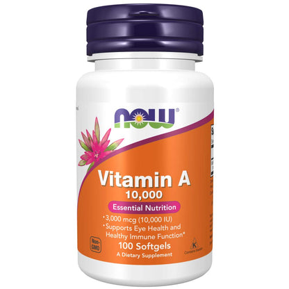 NOW Vitamin A 3000 mcg (10,000 IU) | Eye Health | Essential Nutrition | 100 Softgels Exp 07/2027