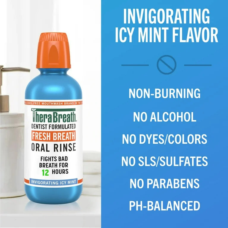 Therabreath Fresh Breath Oral Rinse | Mouth Wash for Bad Breath | Dentist Formulated | Alcohol-Free | 𝟐𝐱 𝐑𝐞𝐠𝐮𝐥𝐚𝐫 𝐒𝐢𝐳𝐞 | Invigorating Icy Mint ~ 33.8fl.oz/1 litre; Exp 08/2028 *𝐁𝐢𝐠 𝐬𝐢𝐳𝐞