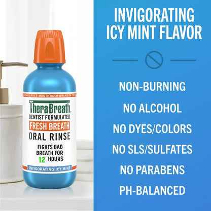 Therabreath Fresh Breath Oral Rinse | Mouth Wash for Bad Breath | Dentist Formulated | Alcohol-Free | 𝟐𝐱 𝐑𝐞𝐠𝐮𝐥𝐚𝐫 𝐒𝐢𝐳𝐞 | Invigorating Icy Mint ~ 33.8fl.oz/1 litre; Exp 08/2028 *𝐁𝐢𝐠 𝐬𝐢𝐳𝐞