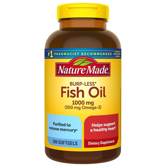 Nature Made Burp-Less Fish Oil 1000 mg | 1000mg per Softgel | Omega 3 Fish Oil for Healthy Heart Support | 100 - 200 Day Supply | 200 Softgels; 06/2026