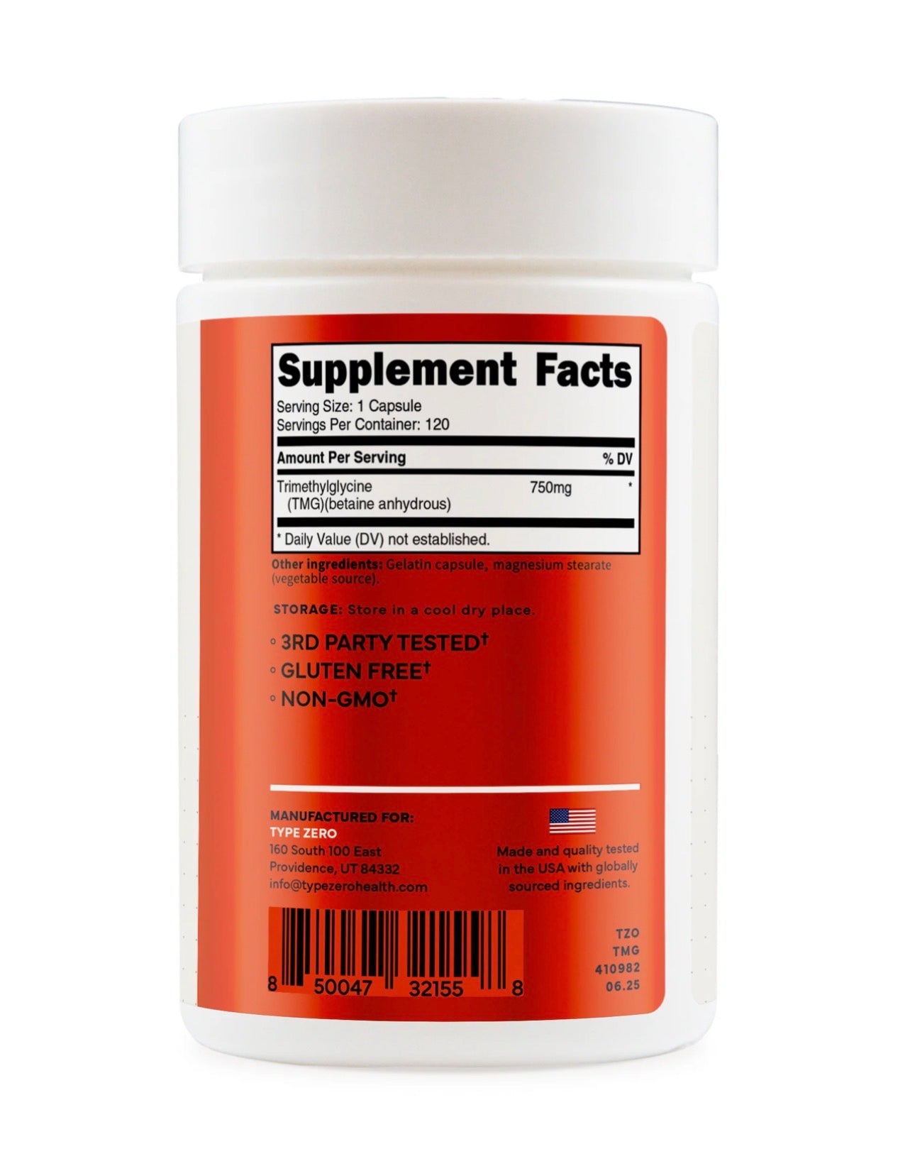 TypeZero TMG 750mg - Trimethylglycine | Betaine Anhydrous | Supports Detoxification | Promotes Healthy Liver Function & Normal Homocysteine Levels | 120 Capsules; Exp 07/2028