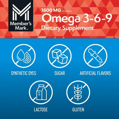 Member's Mark Omega 3-6-9 1600mg | with Esterified Tuna Fish Oil, Cold Pressed Flaxseed Oil, Safflower Oil, Borage Oil, Extra Virgin Olive Oil & Evening Primrose Oil | 300 Softgels; Exp 09/2027