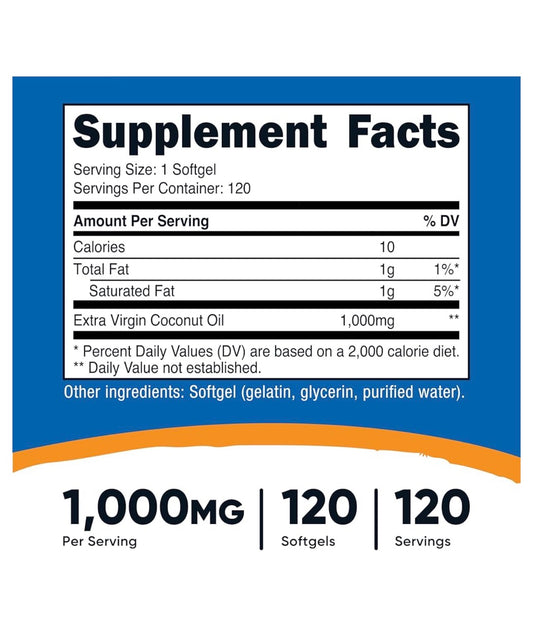 Nutricost Coconut Oil 1000mg | Extra Virgin Coconut Oil | Supports Cardiovascular Health, Blood Sugar Metabolism, Cognitive Function & Healthy Brain Development | 120 Softgels; Exp 08/2028