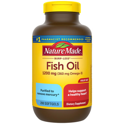 Nature Made Burp-Less Fish Oil 1200mg | Omega 3 Fish Oil for Healthy Heart Support | 200 Coated Softgels; Exp Jun/2027