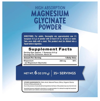 Nature's Truth Magnesium Glycinate 250mg Powder | Supports Muscle Relaxation | Supports Bone, Heart, and Nerve Health | 38 Servings | Lemon Flavor ~ 170g; Exp 03/2027