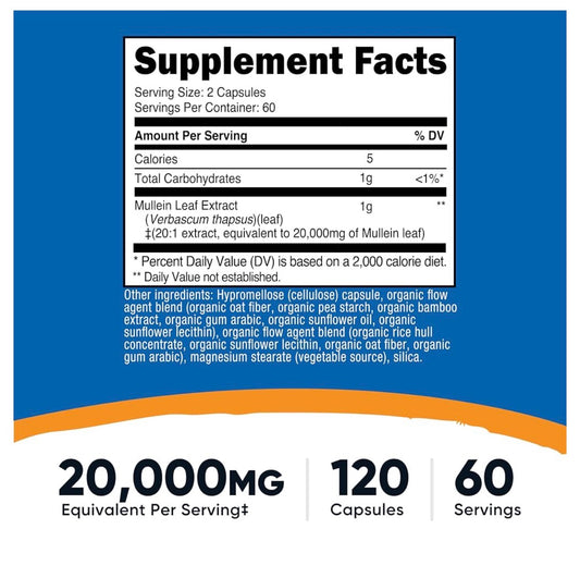 Nutricost Mullein Leaf Extract | Traditional Used to Clear Mucus | Promotes Healthy Immune, Bronchial & Respiratory Function | 120 Capsules; Exp 01/2029