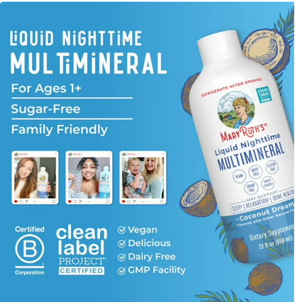 MaryRuth’s Organics Liquid Nighttime Multimineral | For the Whole Family (1 Year & Above) | Bedtime Routine with Magnesium Citrate, Calcium, Zinc, Vitamin D3, MSM, Chromium | Coconut Dream, 22oz/650ml; Exp 04/2027