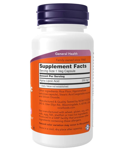 NOW Alpha Lipoic Acid 250mg | Supports Glutathione Production | Free Radical Scavenger | 60 Capsules; Exp 06/2030
