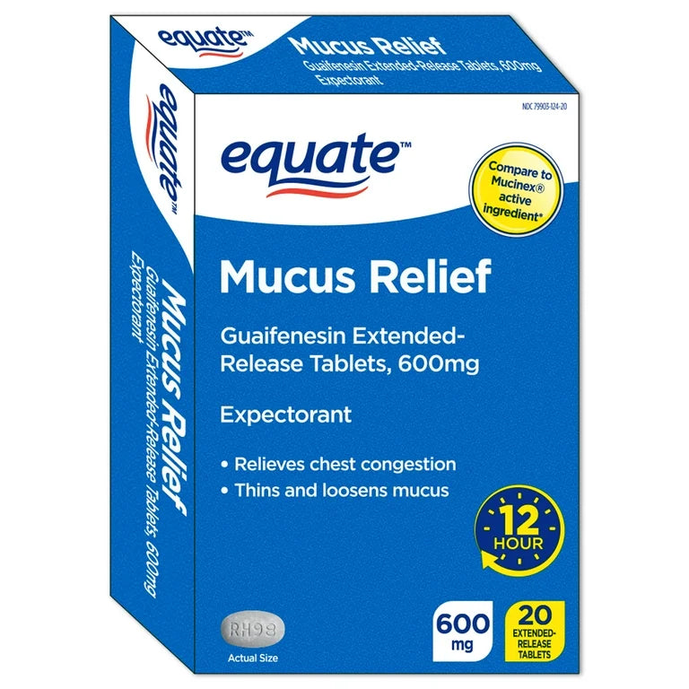 Equate Mucus Relief Guaifenesin 600mg | Extended-Release | Relieves Chest Congestion, Thins & Loosens Mucus | Similar to Mucinex | 20 Tablets; Exp 04/2027