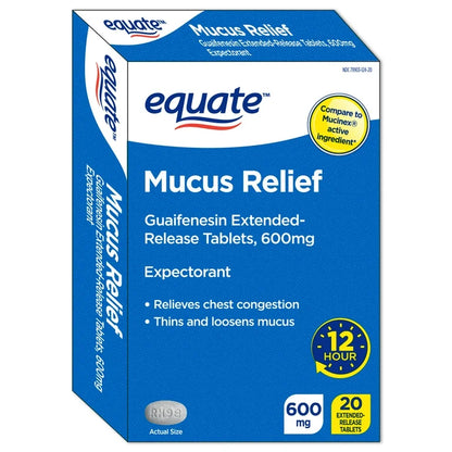 Equate Mucus Relief Guaifenesin 600mg | Extended-Release | Relieves Chest Congestion, Thins & Loosens Mucus | Similar to Mucinex | 20 Tablets; Exp 04/2027