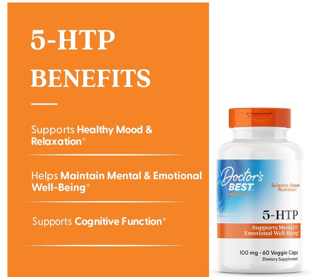 Doctor's Best 5-HTP  (5-hydroxy L-tryptophan) 100 mg | Promotes Healthy Sleep | 60 Capsules; Exp 02/2027