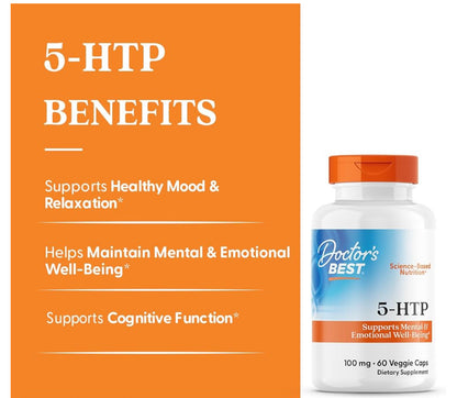 Doctor's Best 5-HTP  (5-hydroxy L-tryptophan) 100 mg | Promotes Healthy Sleep | 60 Capsules; Exp 02/2027