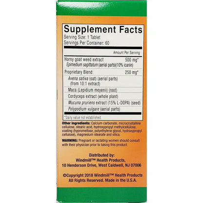 Windmill Horny Goat Weed | With Pure Maca, Oat Extract & Cordyceps | Sustained Release Formula | Helps Boost Libido | 60 Tablet, Exp 11/2026