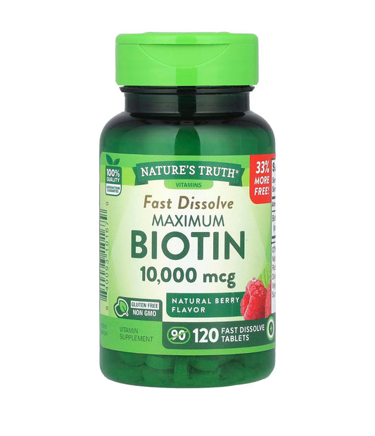 Nature's Truth Biotin 10000mcg | Maximum Strength | Great for Hair Growth & Stronger Nails | Natural Berry Flavor ~ 120 Fast Dissolve Tablets; Exp 05/2025