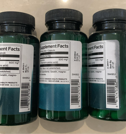Swanson L-Arginine 500mg | Energy & Cardiovascular Support | 100 Capsules; Exp❗️UNCLEAR 07/2027 👉🏽Check last picture