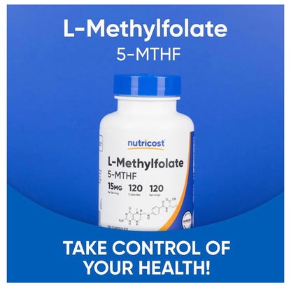 Nutricost L- MethylFolate 5-MTHF (Vitamin B9) 15mg | Quatrefolic - Biologically Active Form of Folate | 120 Capsules; Exp 09/2028