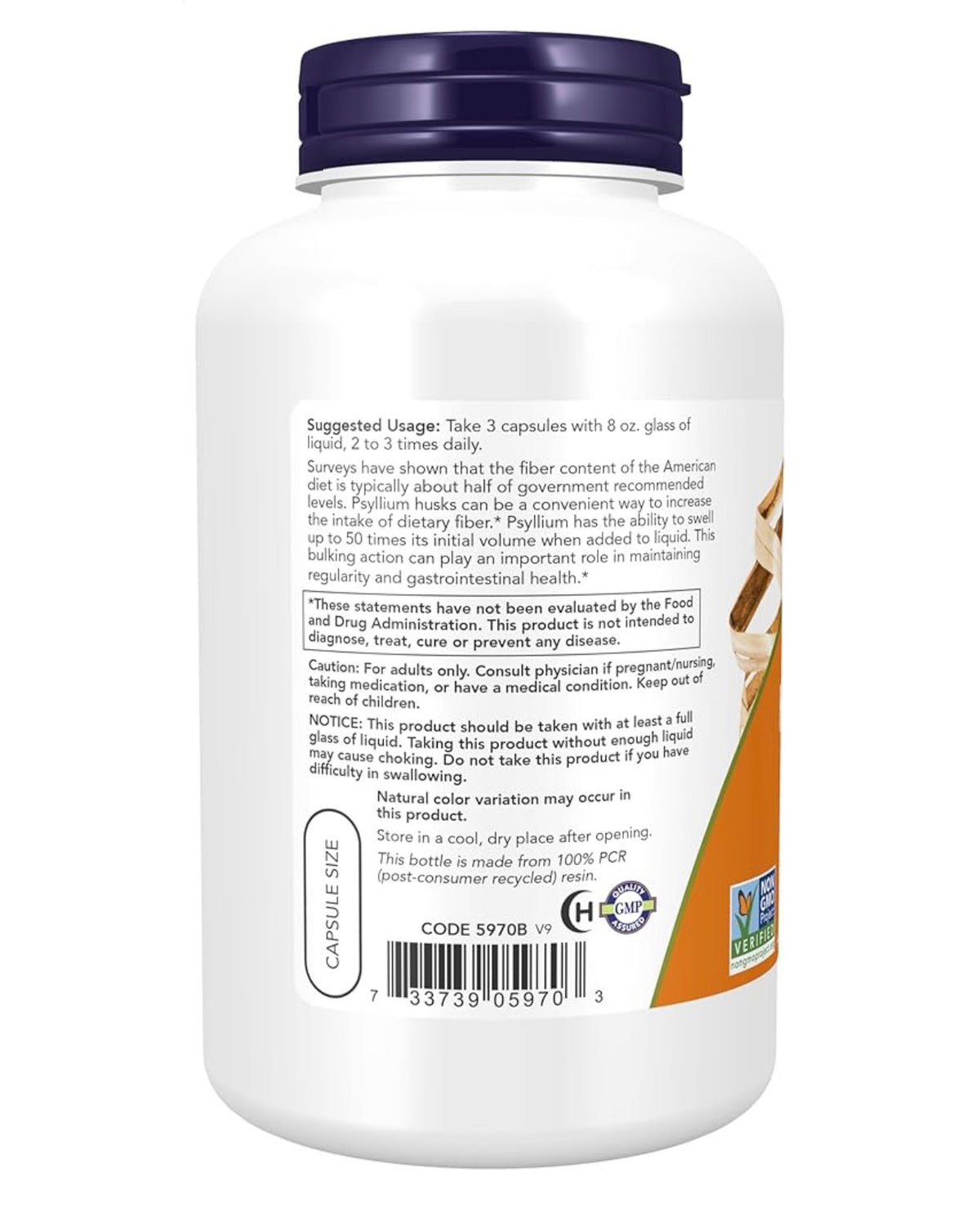 NOW Psyllium Husk Caps 500mg | Natural Soluble Fibre | Promotes Intestinal Health | 200 Capsules; Exp 06/2030