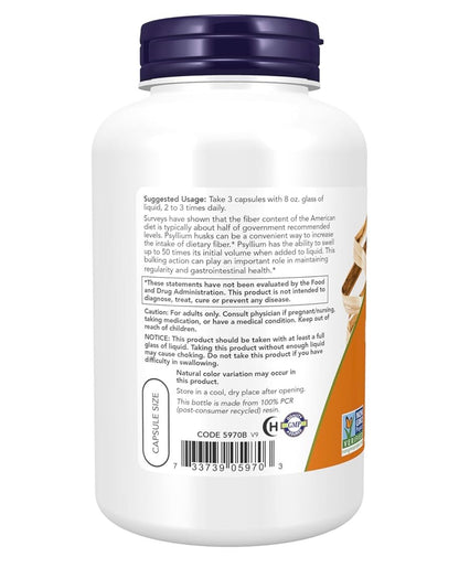 NOW Psyllium Husk Caps 500mg | Natural Soluble Fibre | Promotes Intestinal Health | 200 Capsules; Exp 06/2030