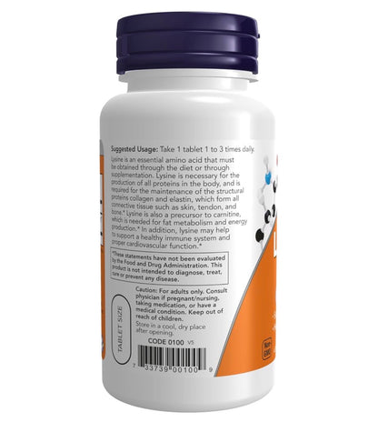 NOW L-Lysine 500 mg | Supports Immune System,  Required for the Maintenance of Structural Proteins | Antiviral | 100 Tablets; Exp 05/2030